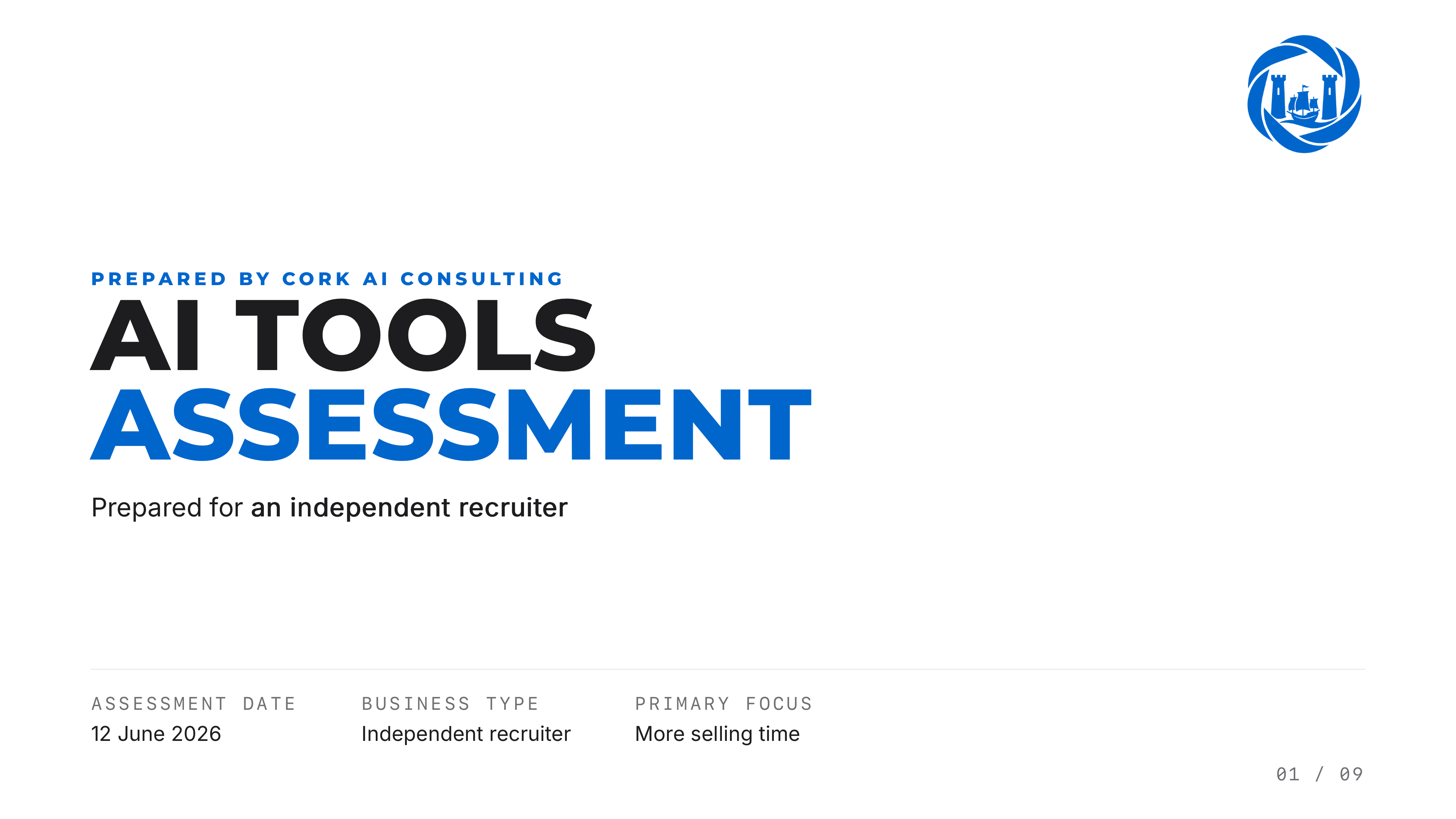 AI Assessment report cover, prepared for a client, with assessment date, business type and primary focus.