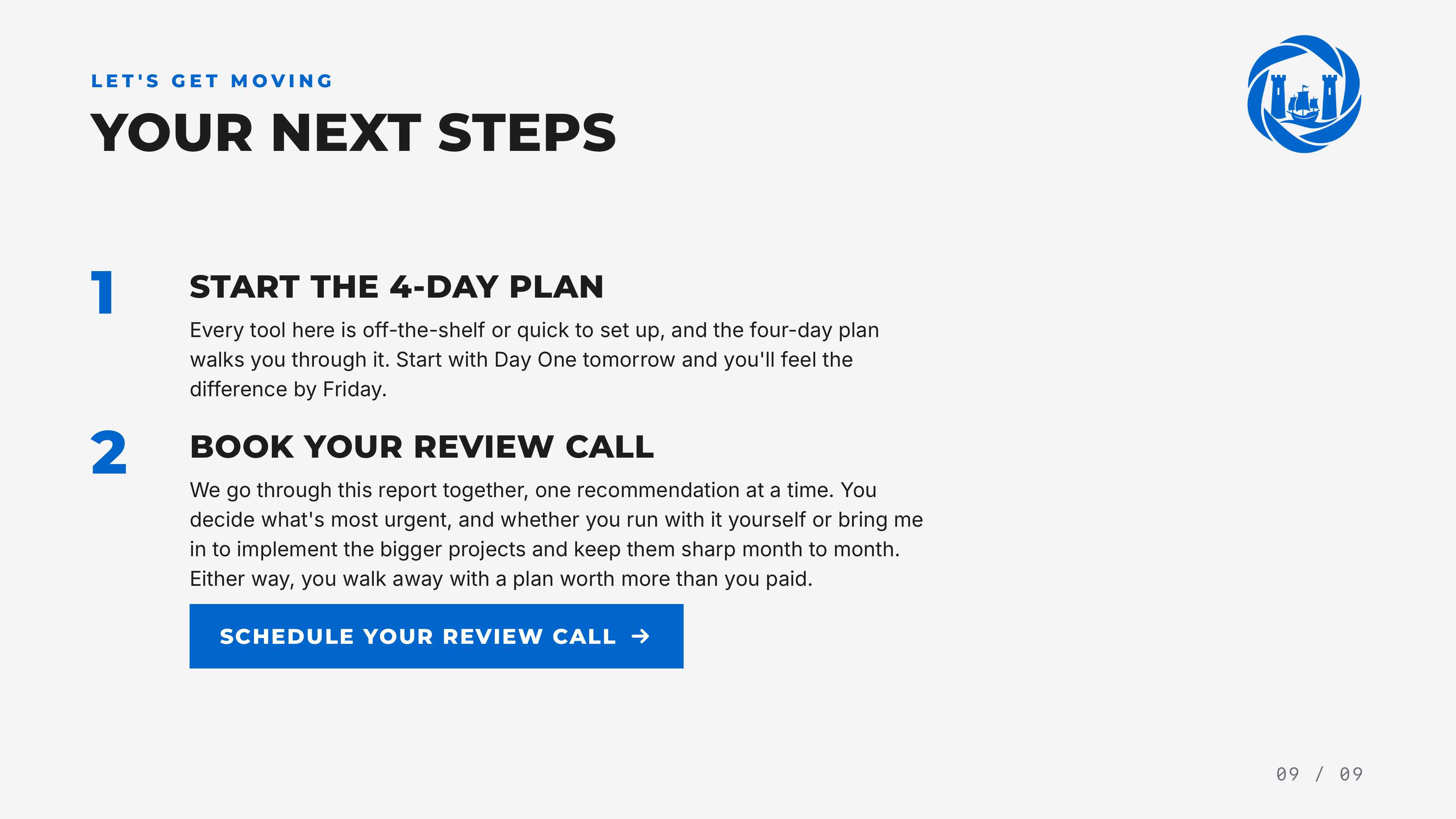 Next steps page: how to start, what implementation covers and how the assessment fee is credited toward a build.